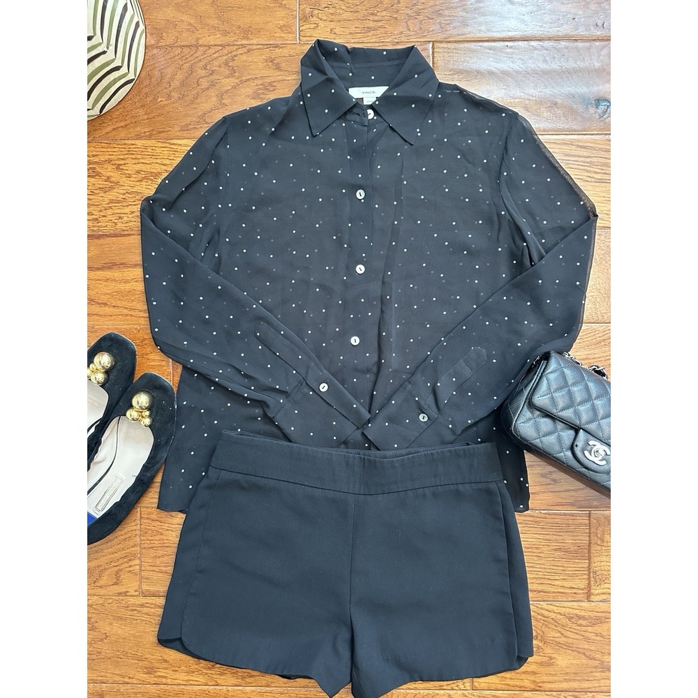 Vince Womens Size XS Black Polka Dot Sheer Silk Chiffon Button Down Blouse